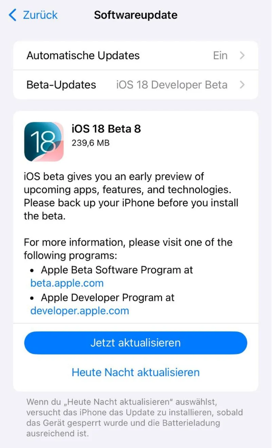 大峪镇苹果手机维修分享苹果 iOS / iPadOS 18 开发者预览版 Beta 8 发布 